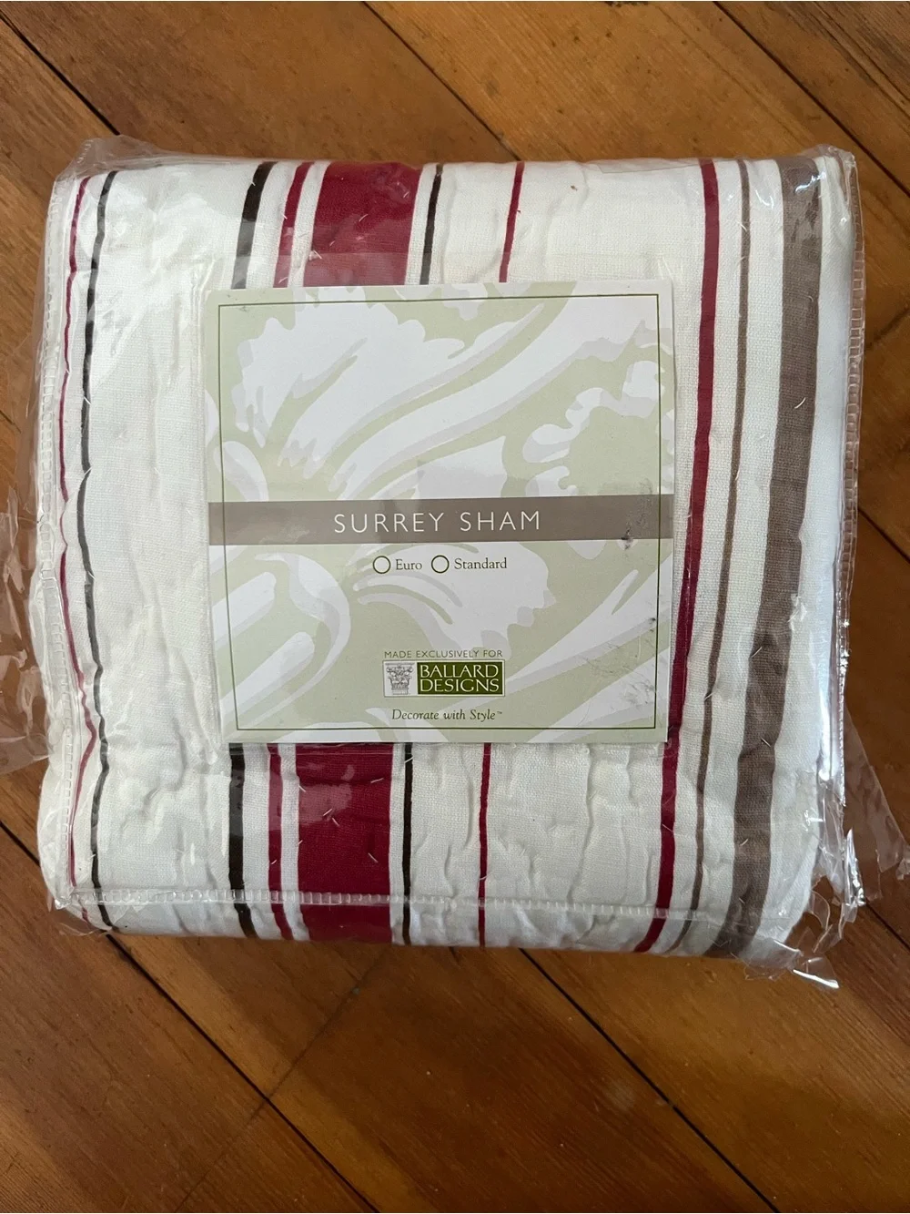 Ballard Designs Striped Red, Brown and White Quilted Euro Sham 26” x 26”